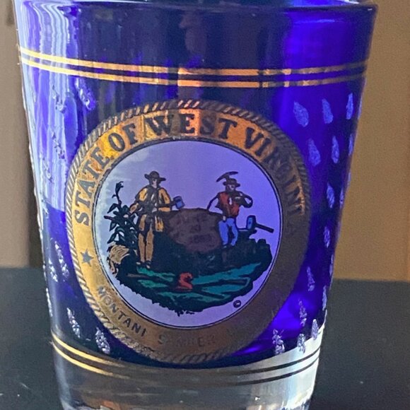 Cobalt Blue State of West Virginia Montani Semper Liberi Whiskey Shot Glass - Picture 2 of 12